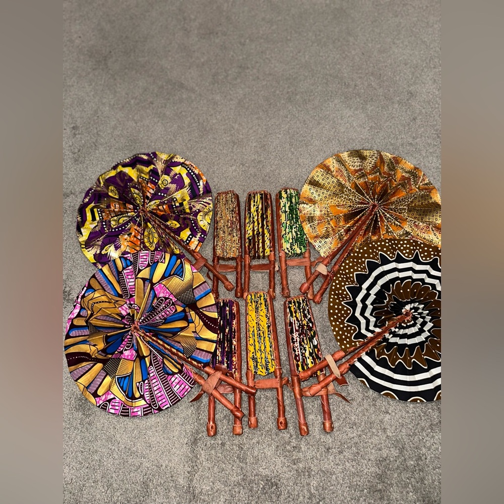 Foldable African print -  Handmade leather fan bundle (10 pieces)